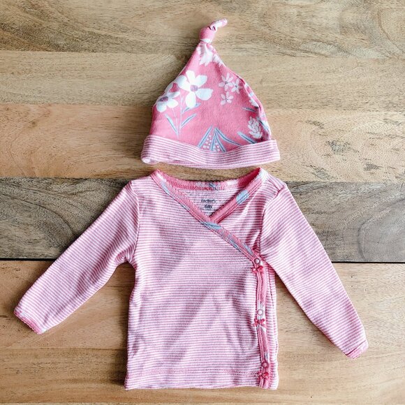 5 for $10 Carter’s shirt with hat 6m pink stripe baby girl tshirt tee hat kids - Picture 1 of 4